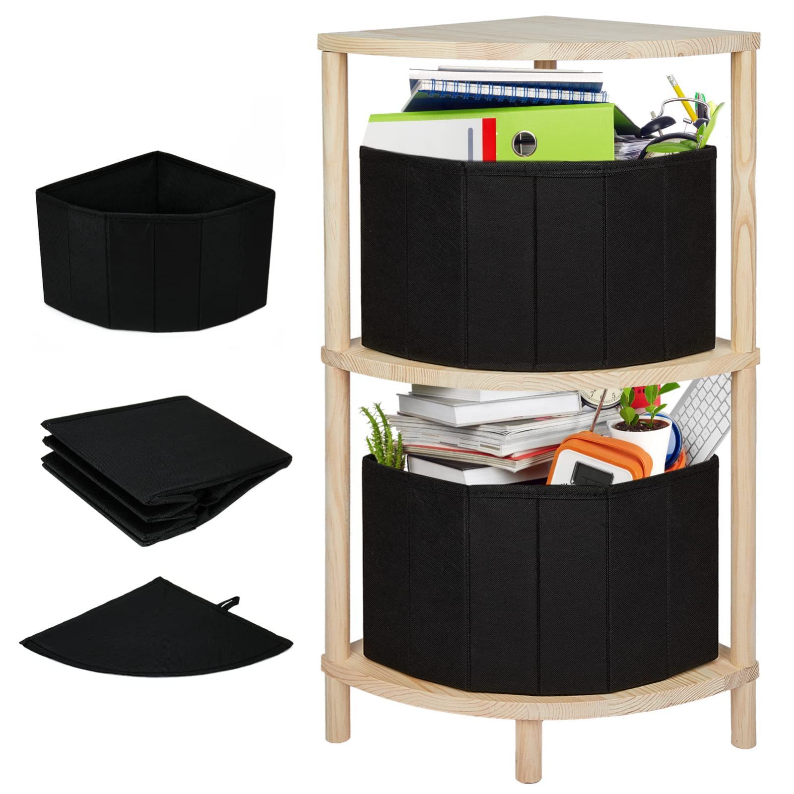 【新着商品】木の色 70.5×31.5×31.5cm 組立簡単 ウッド棚 軽量 棚 角が丸い 収納ボックス2個付 コーナーシェルフ 多目的 3段 自然木製 パイン コーナーラック