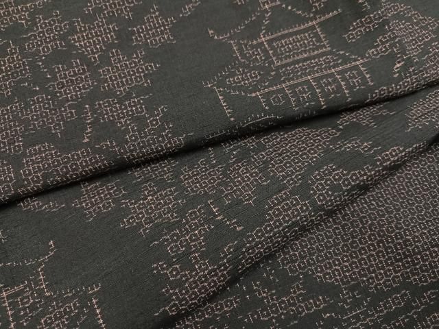 平和屋着物●結城紬 80亀甲 風景草木文 正絹 ♥ AABB4395ph
