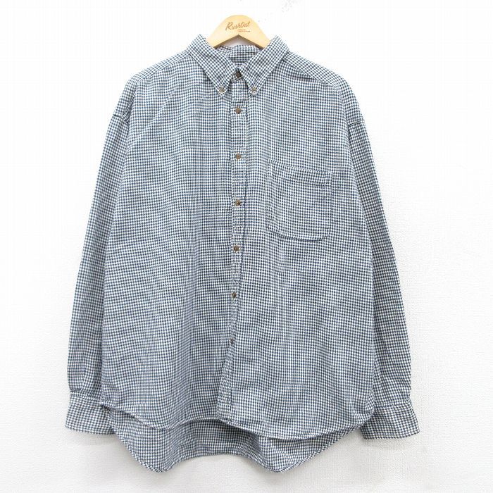 XL/古着 ジェイクルー J.CREW 長袖 フランネル シャツ メンズ 90s 千鳥格子 大きいサイズ コットン ボタンダウン 紺他 ネイビー チェック s