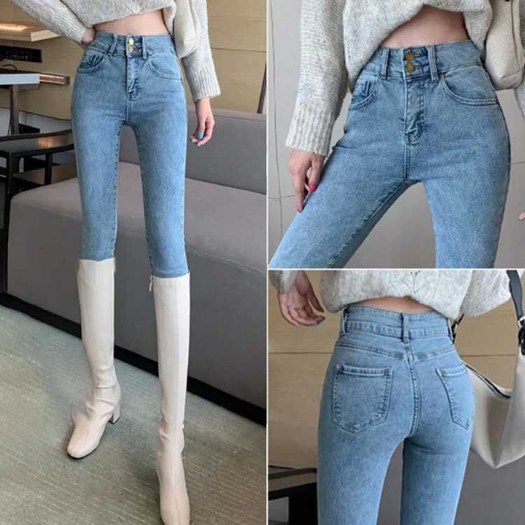 スキニーデニム ハイウエスト 2つボタン スキニーパンツ