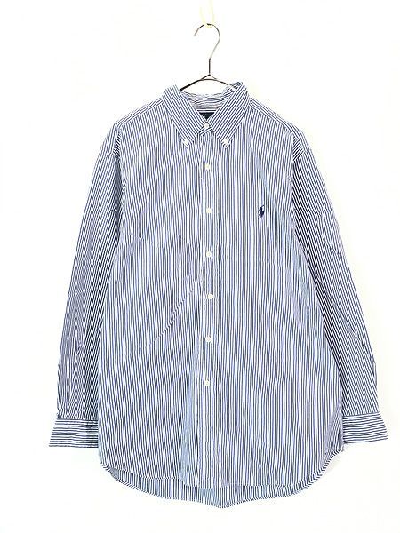 古着 90s Ralph Lauren 「CLASSIC FIT」 白×紺 ストライプ BD シャツ 16 古着