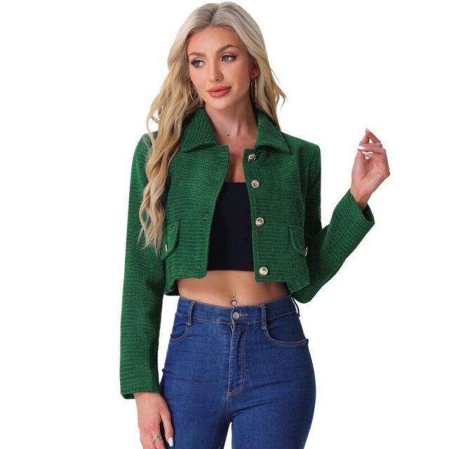 【送料無料】 アレグラ ケー レディース ジャケット・ブルゾン アウター Tweed Blazer For Women's Short Suit Long Sleeve Crop Jacket Green