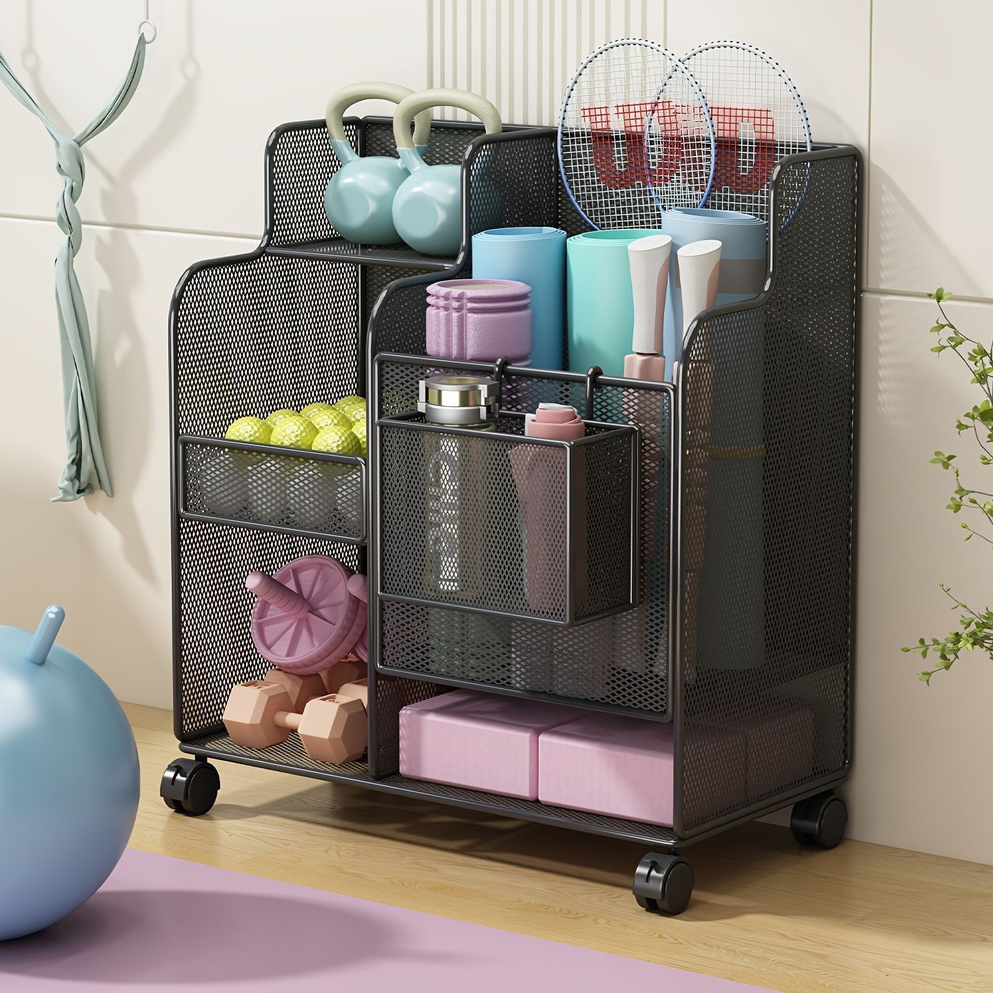 3段階のローリングヨガマット収納バスケット - ホームジム フィットネスエクイップメント スポーツギア用の耐久性のある金属オーガナイザー コンテンポラリーデザイン 開いたカバー 棚バスケット MARWIL-DEMENAGEMENTS_CH
