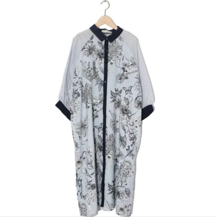 ストライプ花柄シャツワンピース
