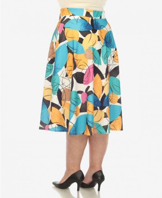 送料無料 ホワイトマーク レディース スカート ボトムス Plus Size Leaf Print Vintage Flared Midi Skirt Yellow