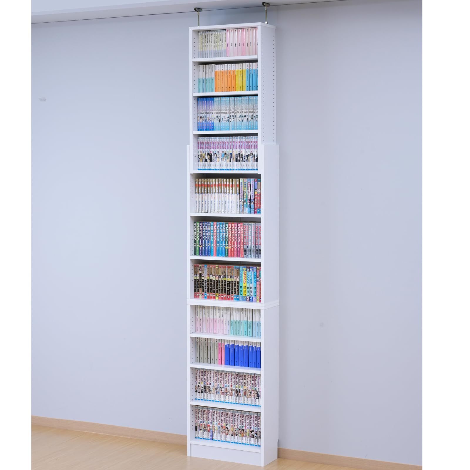 在庫セール 漫画 壁にピッタリ コミック 幅45×奥行18.5×166 207-231cm ラック 棚板高さ調節 収納 突っ張り式 スリム 組立品 大容量 ホワイト 本棚 CFTB45 WH 山善