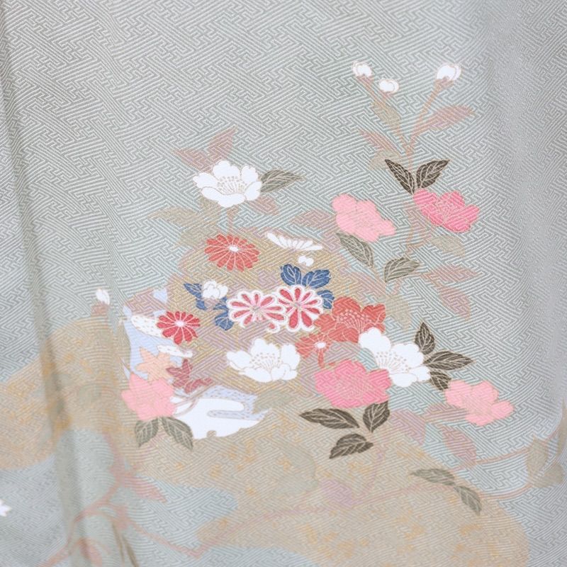 訪問着 新品未使用品 ひわ 珊瑚朱 グリーン ゴールド 白 花 雪輪 波 京
