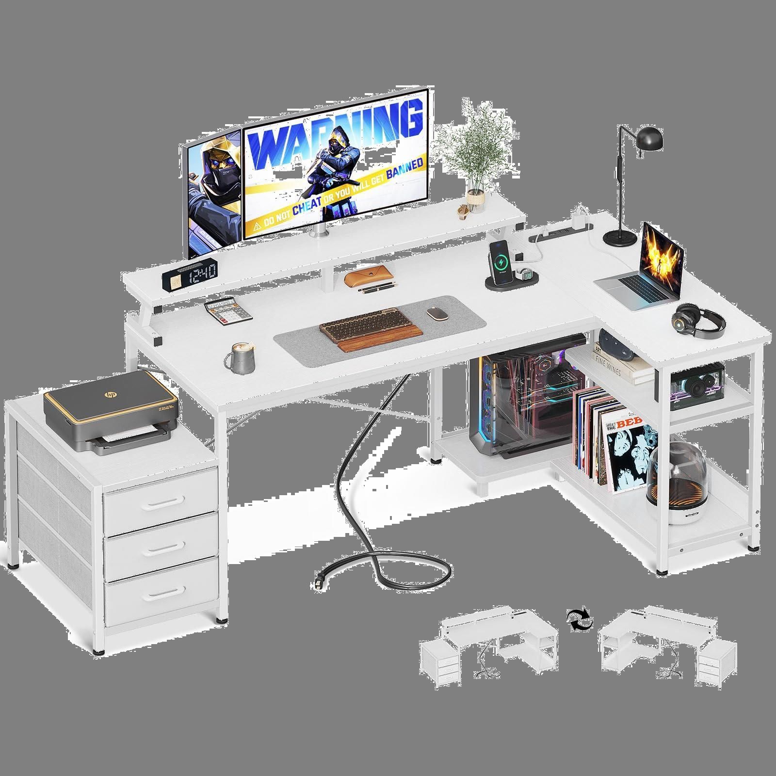 商品 オフィスデスク コーナーデスク 収納 エル字デスク 在宅勤務 棚付き pcデスク 幅184|146*80 仕事用 机 デスク l字デスク 組立簡単 コンセント付き ゲーミングデスク 引き出し3杯付き ホワイト パソコンデスク ODK