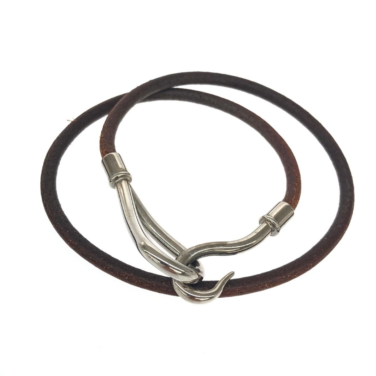 HERMES エルメス レザーブレスレット ジャンボ シルバー ブラウン