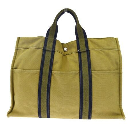 【中古】 エルメス HERMES フールトゥ MM トートバッグ ハンドバッグ カーキ ネイビー キャンバス 03HB847