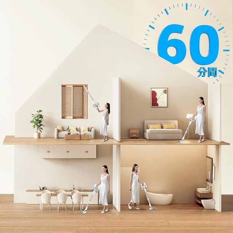 掃除機 コードレス 8月新登場 業界革新 50Kpa超強力吸引＆60分連続稼働-革新版グリーンLEDライト＆LED液晶ディスプレイ 2WAY コードレス掃除機 500Ｗ 3段吸引力 低騒音 軽量 サイクロン 絡まないヘッド 伸縮パイプ HEPA多重濾過 着 1 WWW_KANDAIZUMI_COM