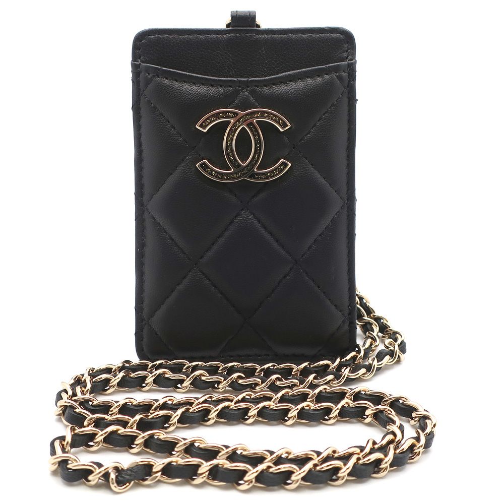 【天白】CHANEL シャネル カードケース パスケース チェーン ラムスキン マトラッセ ココ A01745 ブラック ゴールド金具 30番台