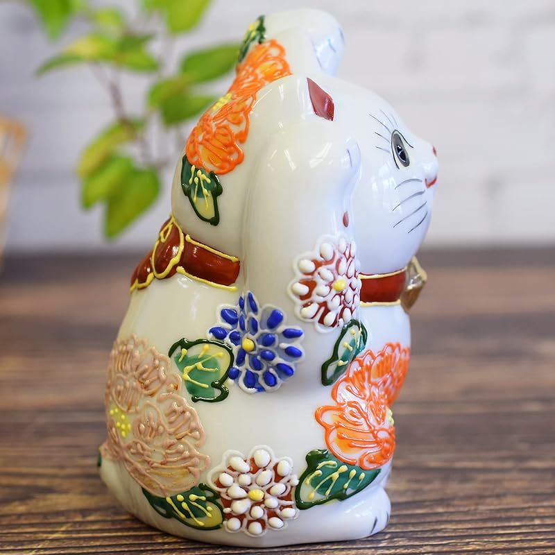 願いが叶う】【開運招福】【九谷焼】招き猫 白色 両手 白花盛り 和座の