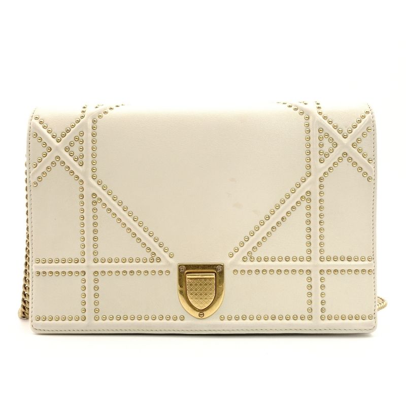 クリスチャン ディオール Christian Dior ショルダーバッグ オフホワイト レザー ゴールド金具 7-8-118