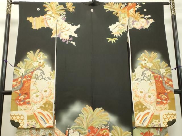 平和屋着物○アンティーク 大正ロマン 振袖 背抜き仕立て 駒刺繍