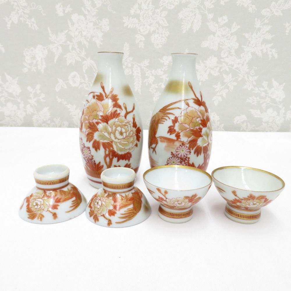 九谷焼 骨董・民芸品 九谷 酒器揃 徳利 盃 おちょこ 6点セット 赤絵 