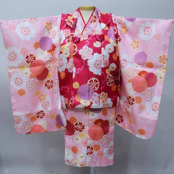 七五三 三歳 女児 被布着物フルセット 百花繚乱 濃いピンク×淡いピンク