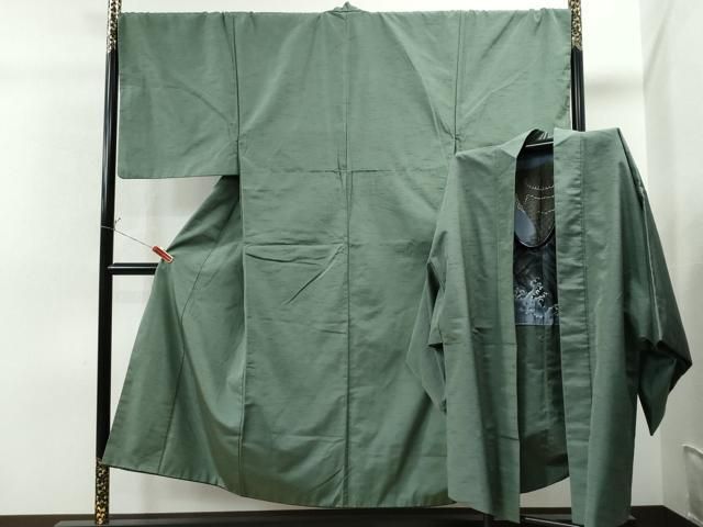 平和屋着物●男性 紬 アンサンブル 色無地 老竹色 キングサイズ 正絹 CAAS6899yc