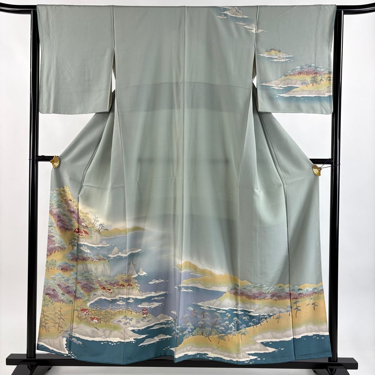 訪問着 身丈157cm 裄丈63cm S 袷 水辺の風景 家屋 刺繍 灰緑 正絹 秀品