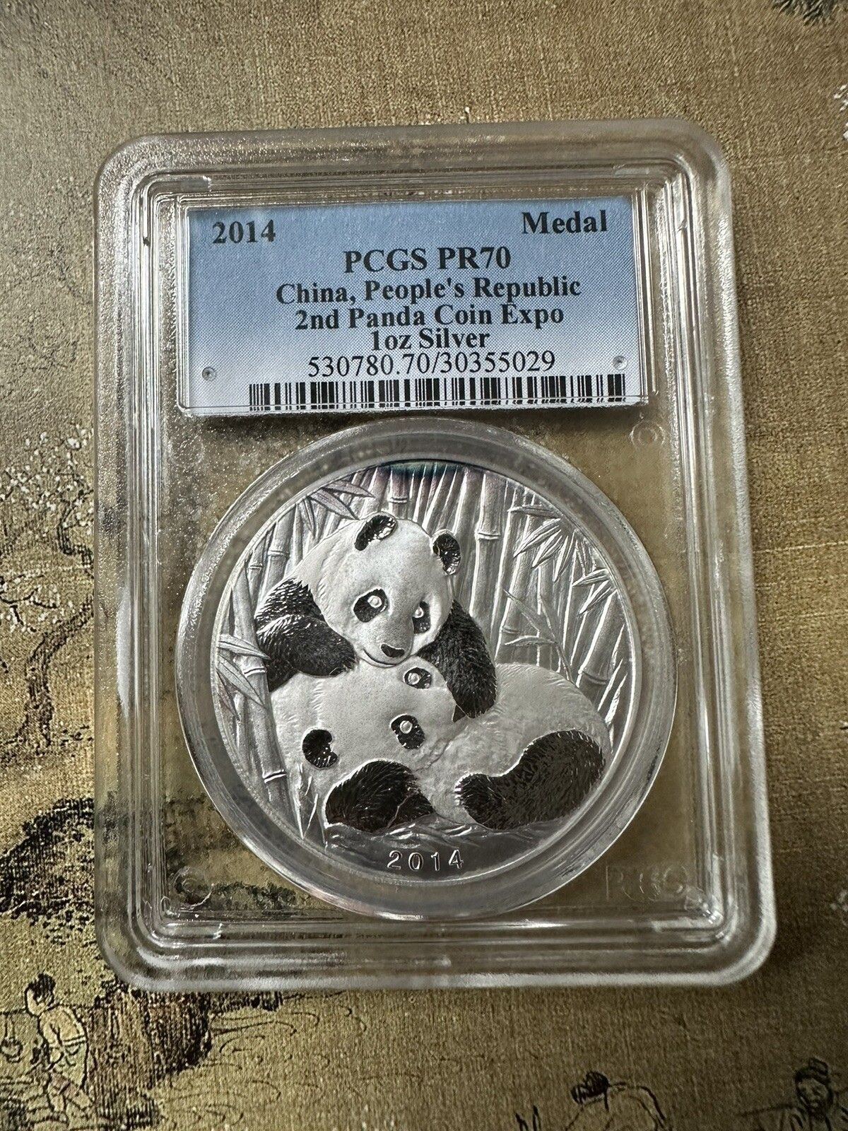 PCGS PR70 2014 the 2ND Panda Coin Expo Silver Medal Sweet Panda 1oz Red Tonne