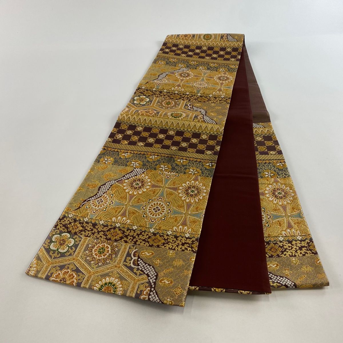 袋帯 美品 名品 鳥襷文 蜀江華文 金糸 箔 金色 六通 正絹 【中古