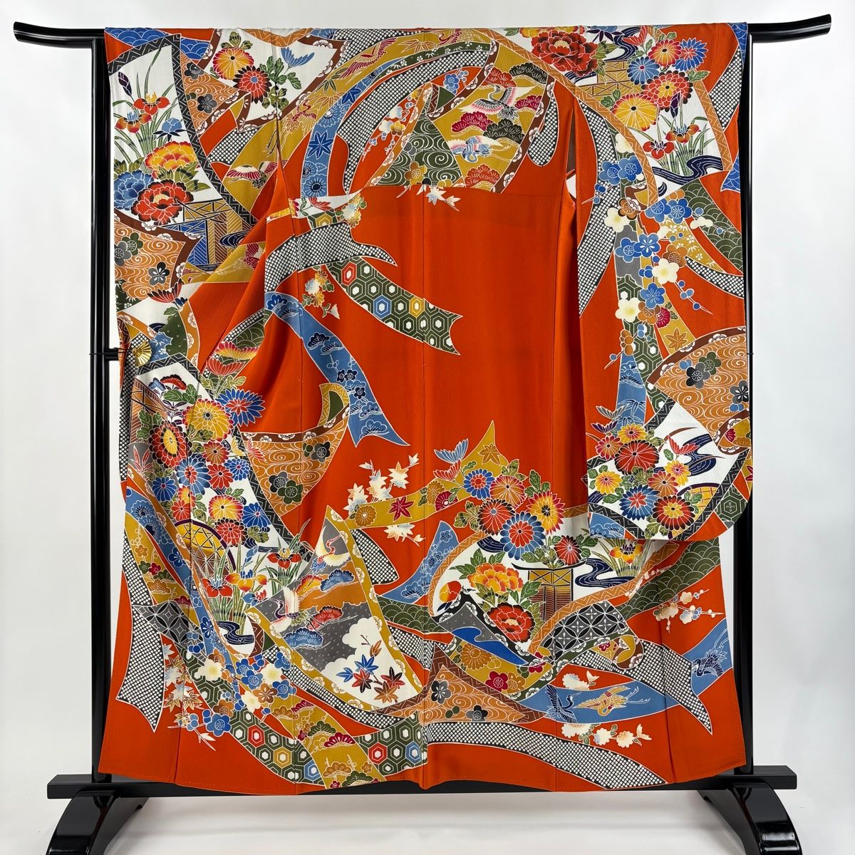 振袖 身丈157.5cm 裄丈64.5cm M 袷 菊 熨斗 縮緬 オレンジ 正絹 名品