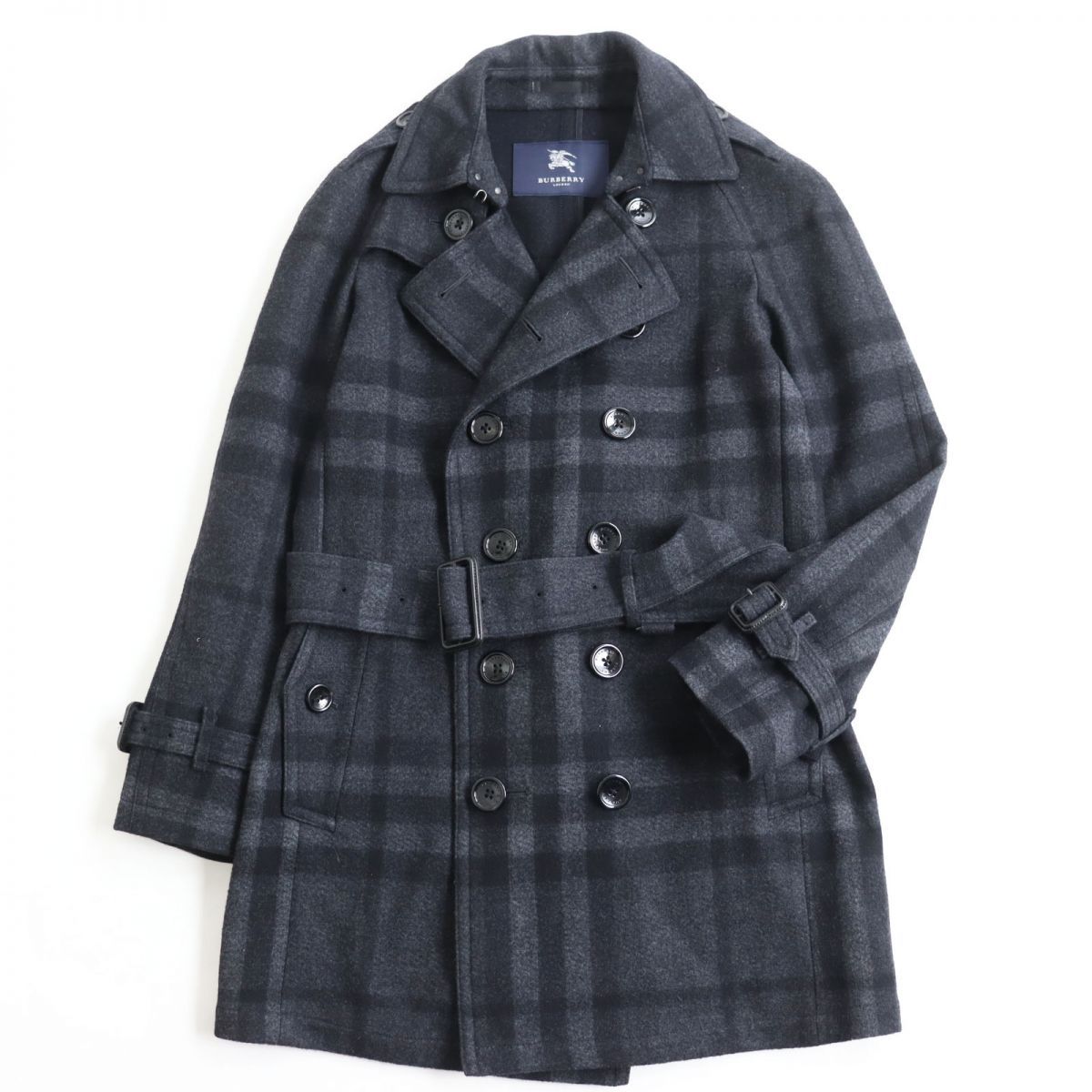 極美品●BURBERRY LONDON バーバリー ロンドン ベルト/エポレット付き チェック柄 ウールトレンチコート ブラック×グレー M 日本製  正規品