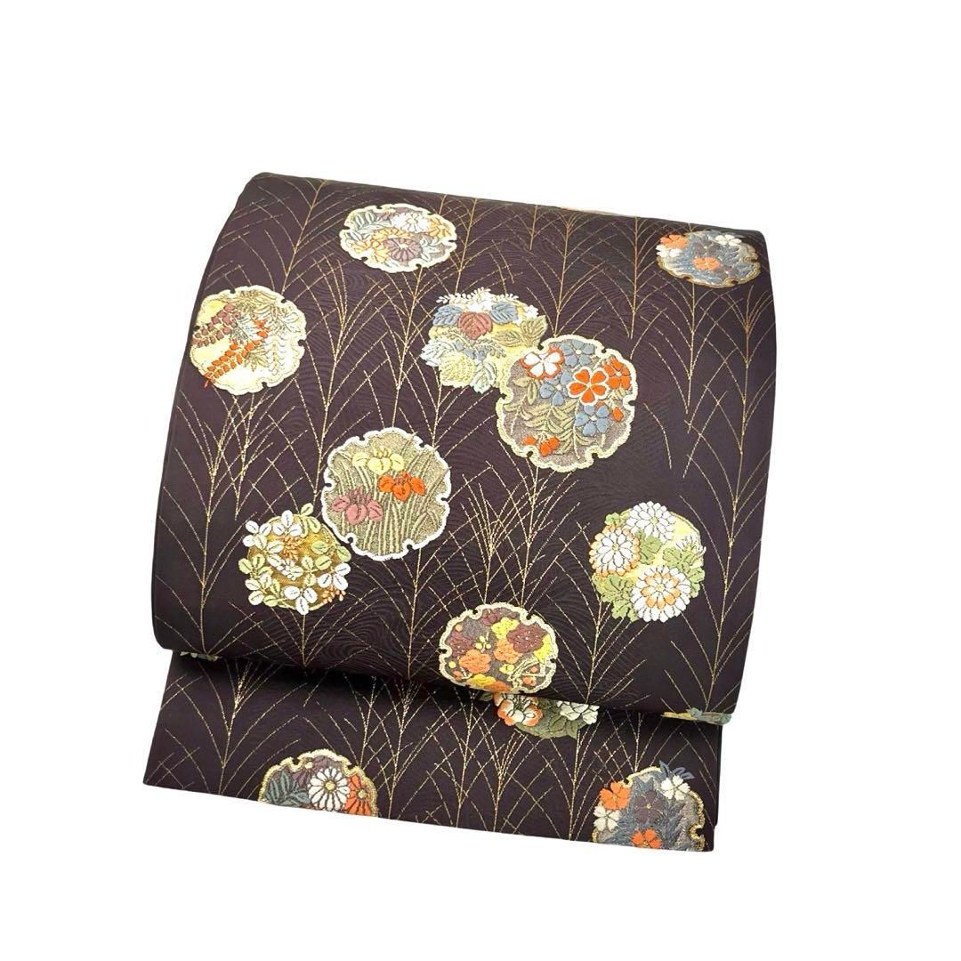 袋帯 雪輪に四季の花模様 紫烏色 金糸 O-4340 - メルカリ 