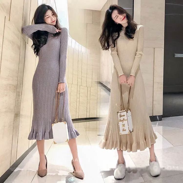 フリル裾 ロングニットワンピース マーメイド ニットワンピース