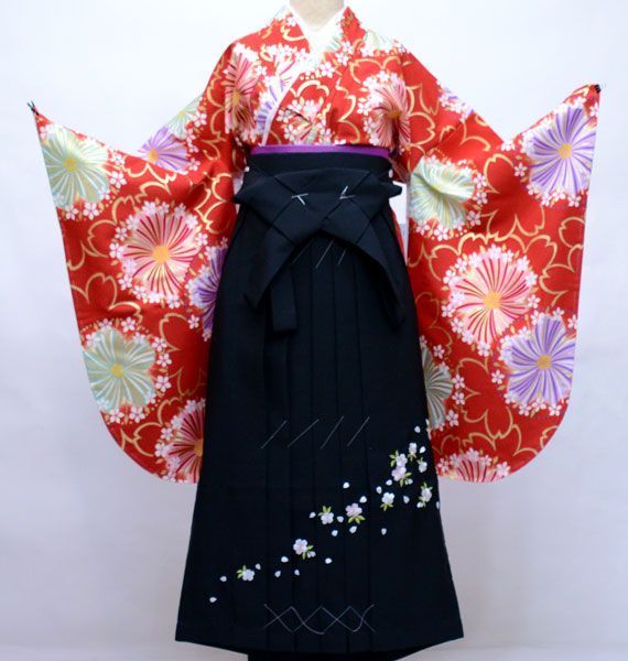 二尺袖 着物 袴フルセット From KYOTO 赤地 ちりめん地 着物丈は着付け 