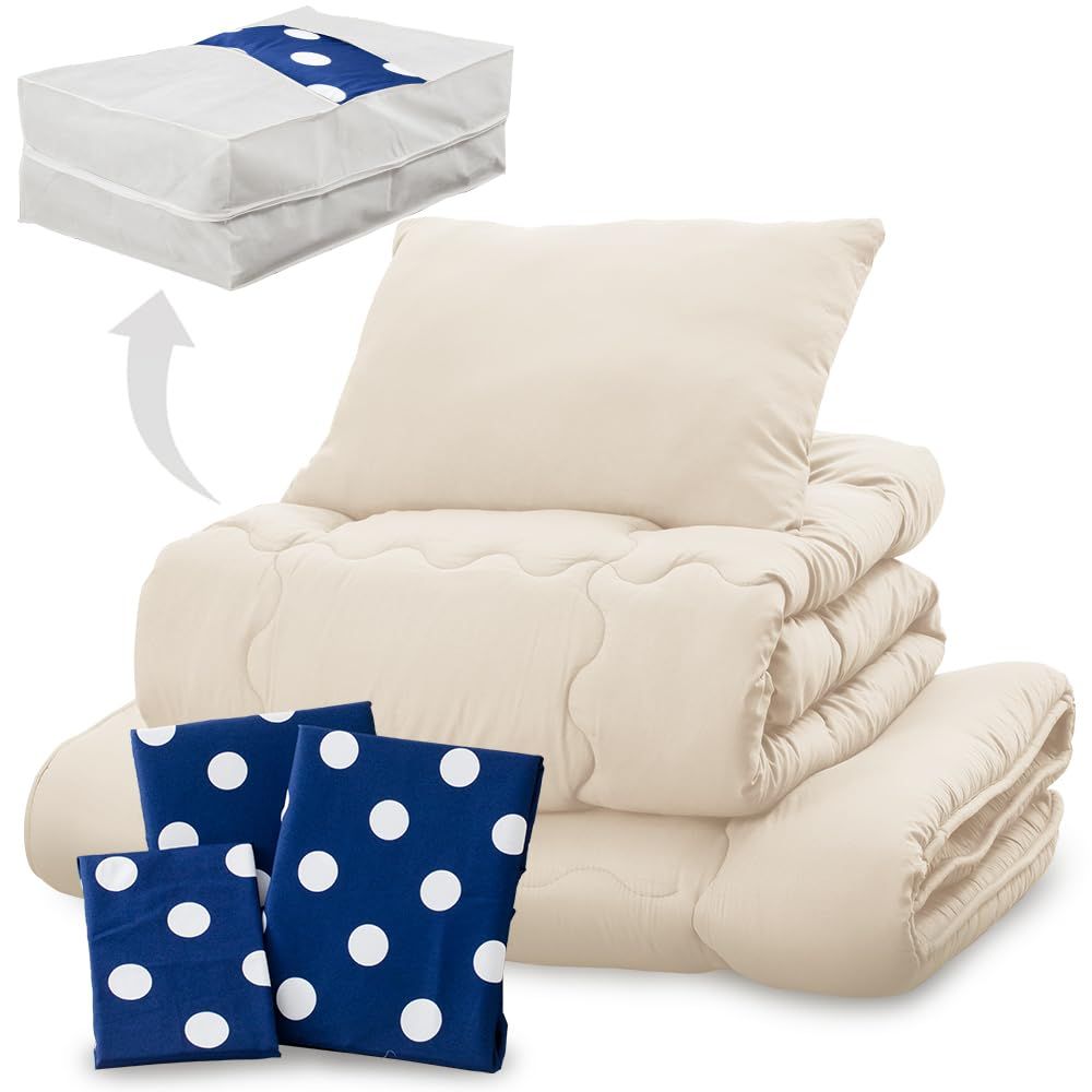 送料無料 アイリスプラザ すぐ使える布団7点セット シングル 抗菌防臭 すっきり収納ケース付き しっとりなめらかピーチスキン加工 掛け布団 敷布団 枕 各カバー付き ドットネイビー