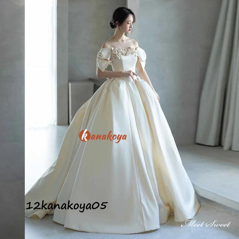 ウェディングドレス ウエディングドレス ロングドレス 二次会 結婚式 前撮り ブライダル 花嫁 オフショルダー リボン サテン 編み
