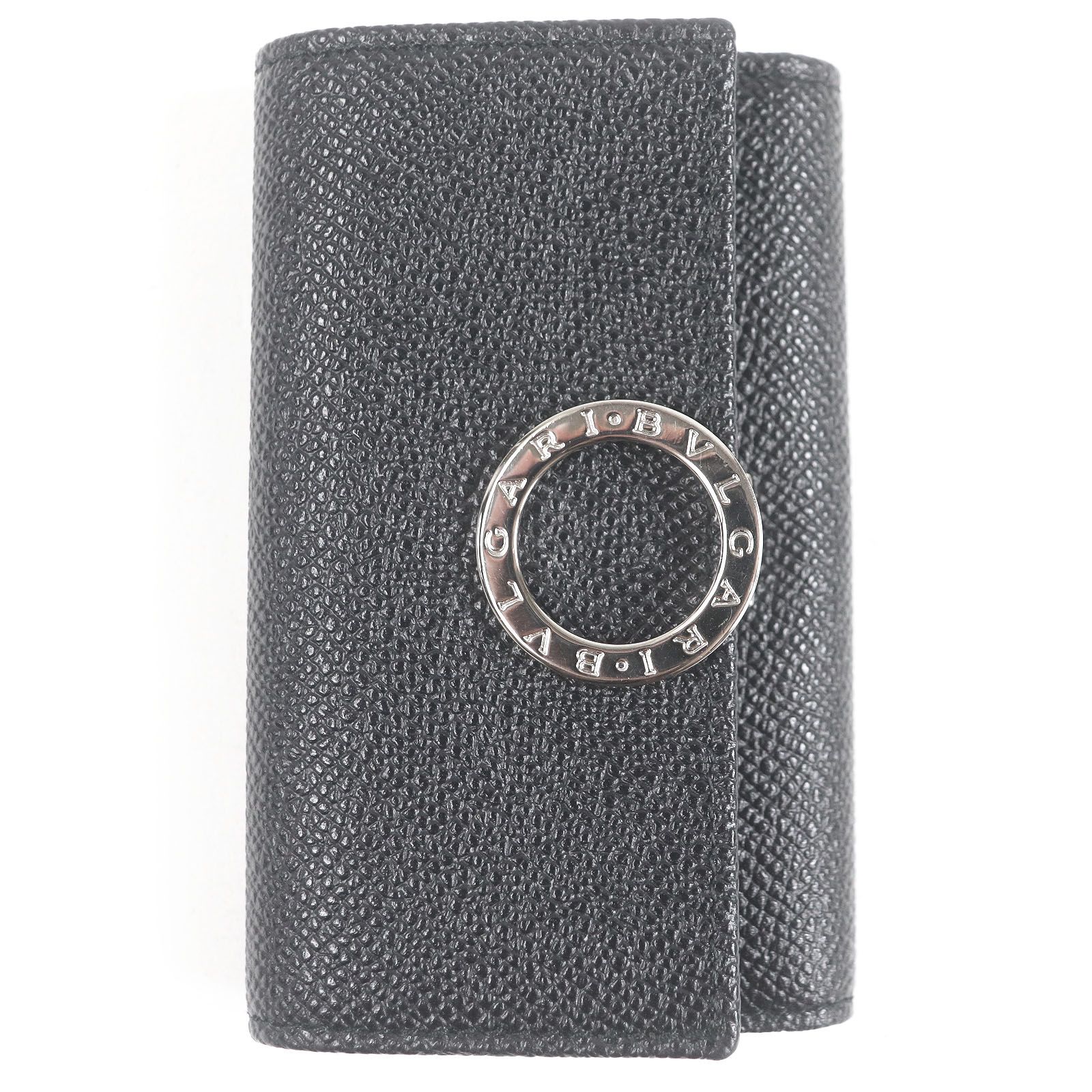 ♥品□BVLGARI ブルガリ 30422 レザー ブルガリブルガリ マン シルバーロゴ金具 三つ折り 6連 キーケース ブラック き イタリア製 メンズ