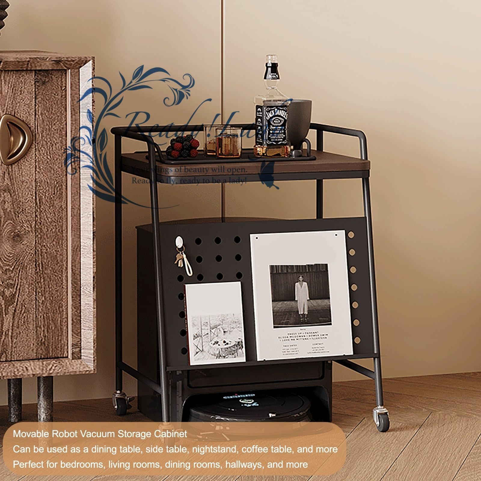 ロボット掃除機用スタンドキャビネット ャスター付き バスルーム用小型サイドテーブル 省スペース 収納ベッドサイドテーブル Black MARWIL-DEMENAGEMENTS_CH