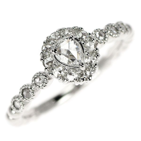 K18WG ペアシェイプ ローズカット ダイヤモンド リング 0.10ct D0.17ct