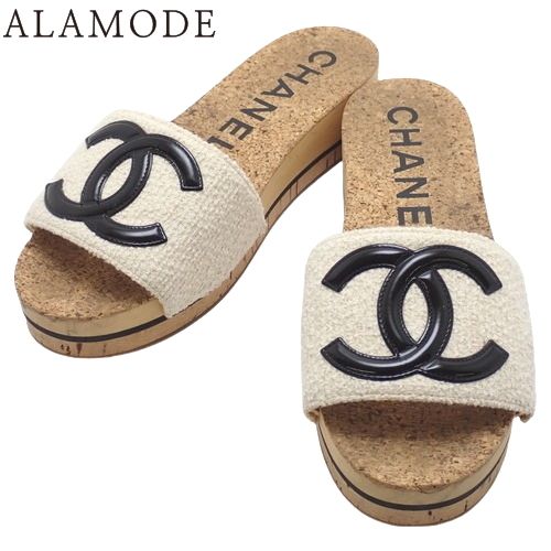 CHANEL シャネル ココマーク ツイード コルク サンダル アパレル 靴 シューズ 38 コルク パテントレザー|エナメル ツイード ホワイト白 ブラック黒 ベージュ G35799 レディース 40500488784 アラモード