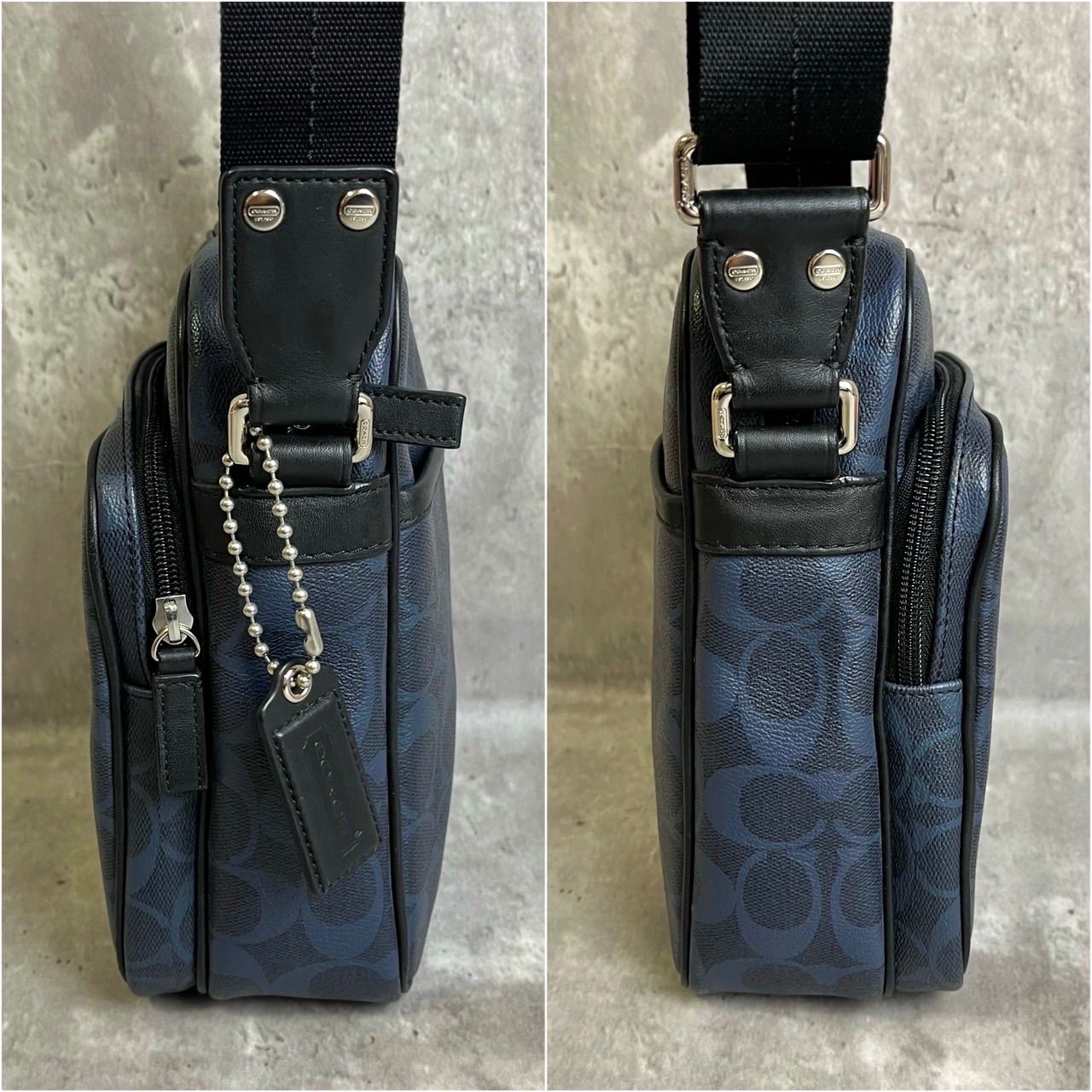 ✨良品✨ COACH コーチ ショルダーバッグ トートバッグ ヘリテージ ストライプ シグネチャー シルバー金具 チャーム ロゴ型押し 肩掛け  斜め掛け PVCレザー ユニセックス レディース メンズ ネイビー 紺色 ブラック 黒色 - メルカリ