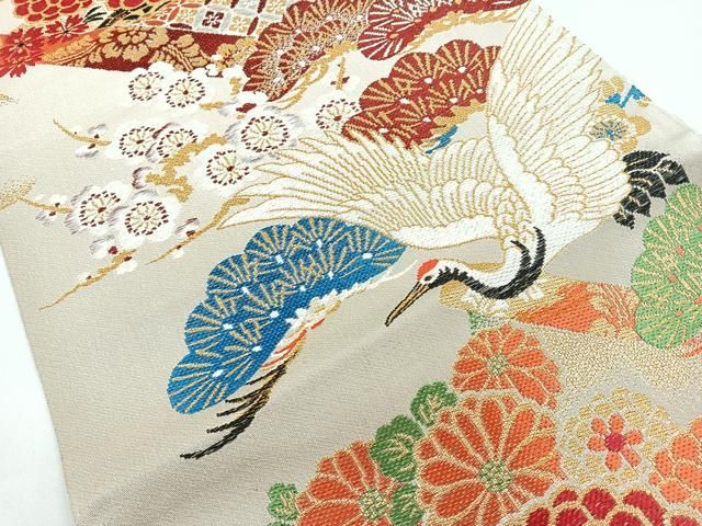 平和屋着物●アンティーク　大正ロマン　九寸名古屋帯　総手刺繍　立波帆船文　銀糸　正絹　逸品　DAAY0140ob 平和屋着物アンティーク 大正ロマン 九寸名古屋帯 総手刺繍 立波帆船文