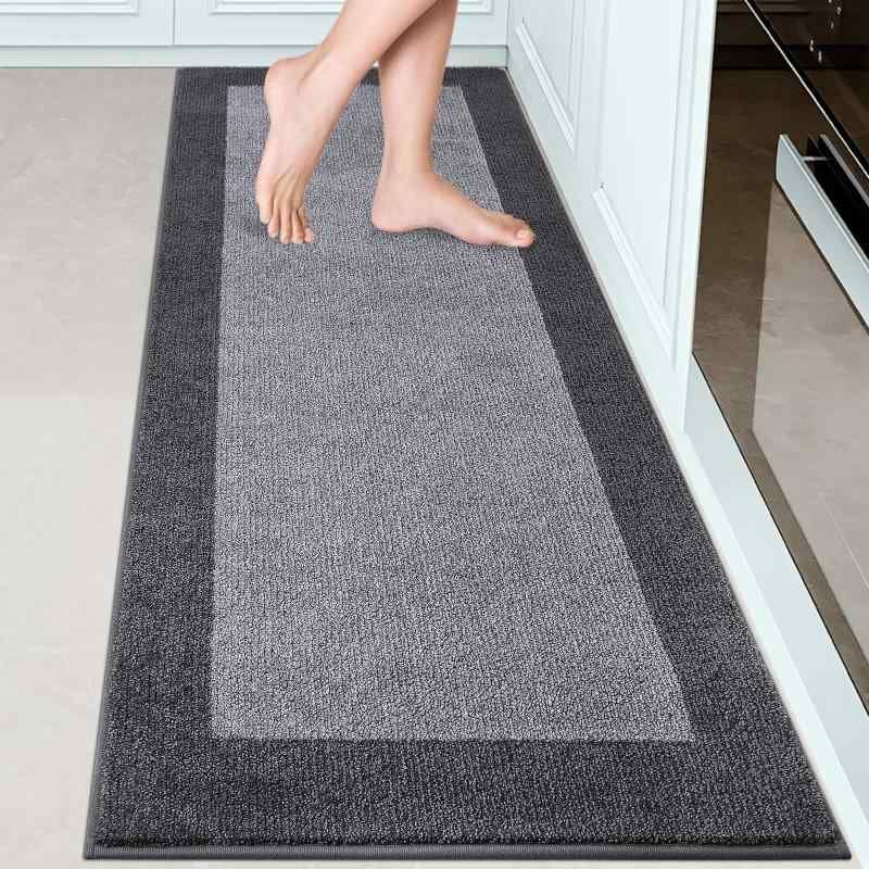 DOMUSTEX 洗濯機で洗えるキッチンラグ 床用滑り止めクッション付きキッチンマット 廊下 ランドリー バスルーム ドア用吸収性ランナーラグ 60 x 178cm グレー