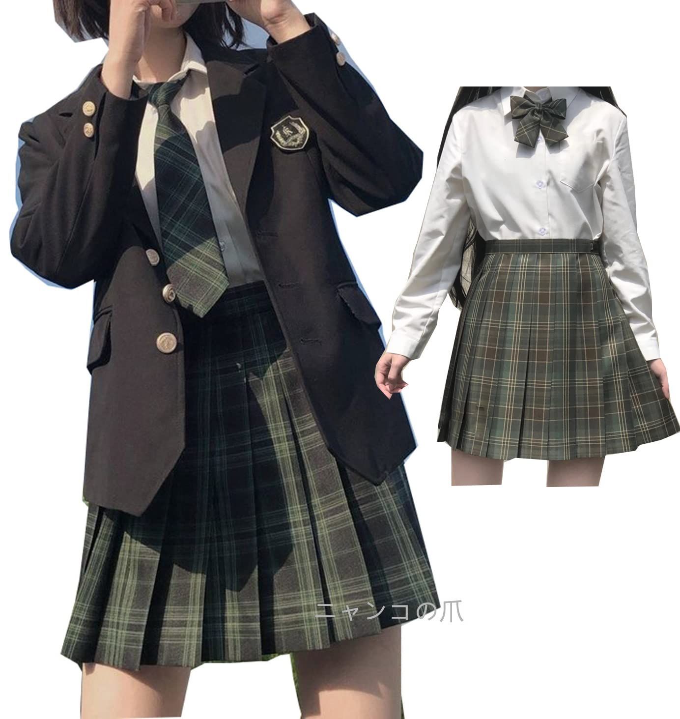 CAWILXHA ニャンコ の爪 ブレザー 女子高校生 紺 セーラー服 ジャケット コート jk制服 女子制服 Cosplay 高校生 エンブレム付き 多色対応 2点セット ブレザーの5点セット スカート含み L