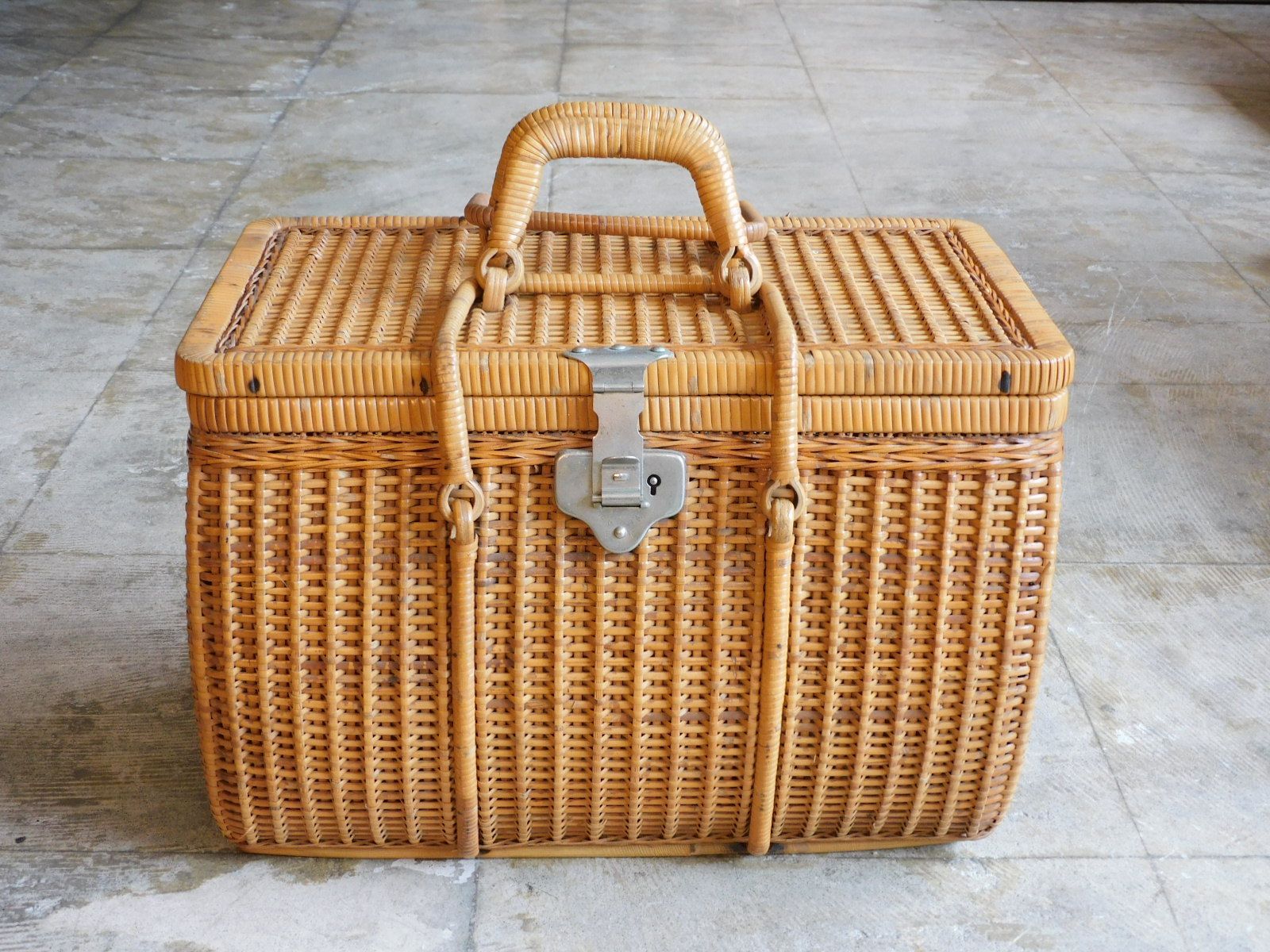 戦前 竹籐編み ふるいバスケット HK-a-05481 籠バッグ 煎茶籠 提藍 バンブー ラタン かごバッグ