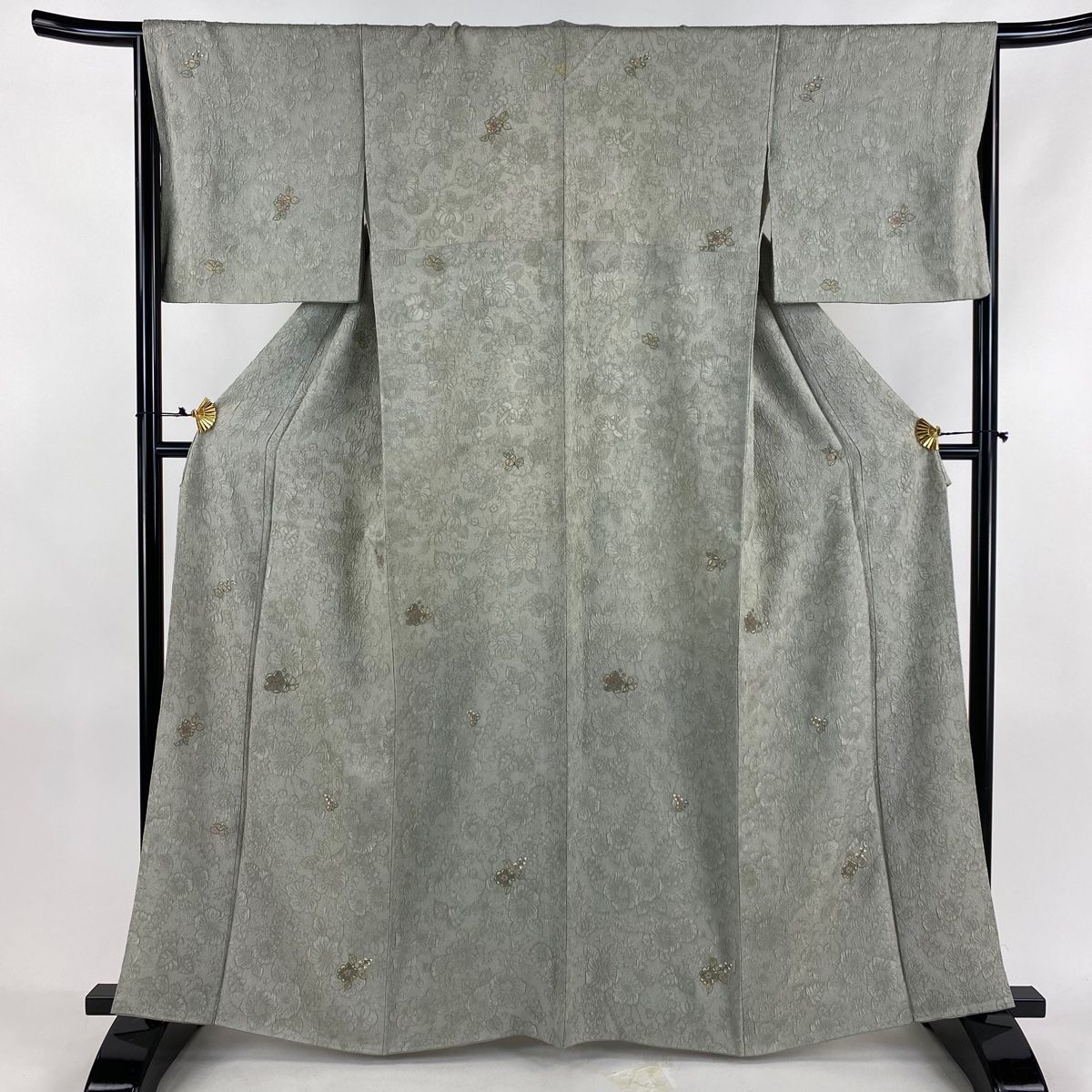 正絹上質小紋　辻ヶ花　⑨ 草木染め小紋⑤ 袖丈、裄丈お直し代込み 小紋 身丈162.5cm 裄丈65.5cm M 袷 辻が花柄 刺繍 灰緑 正絹 秀