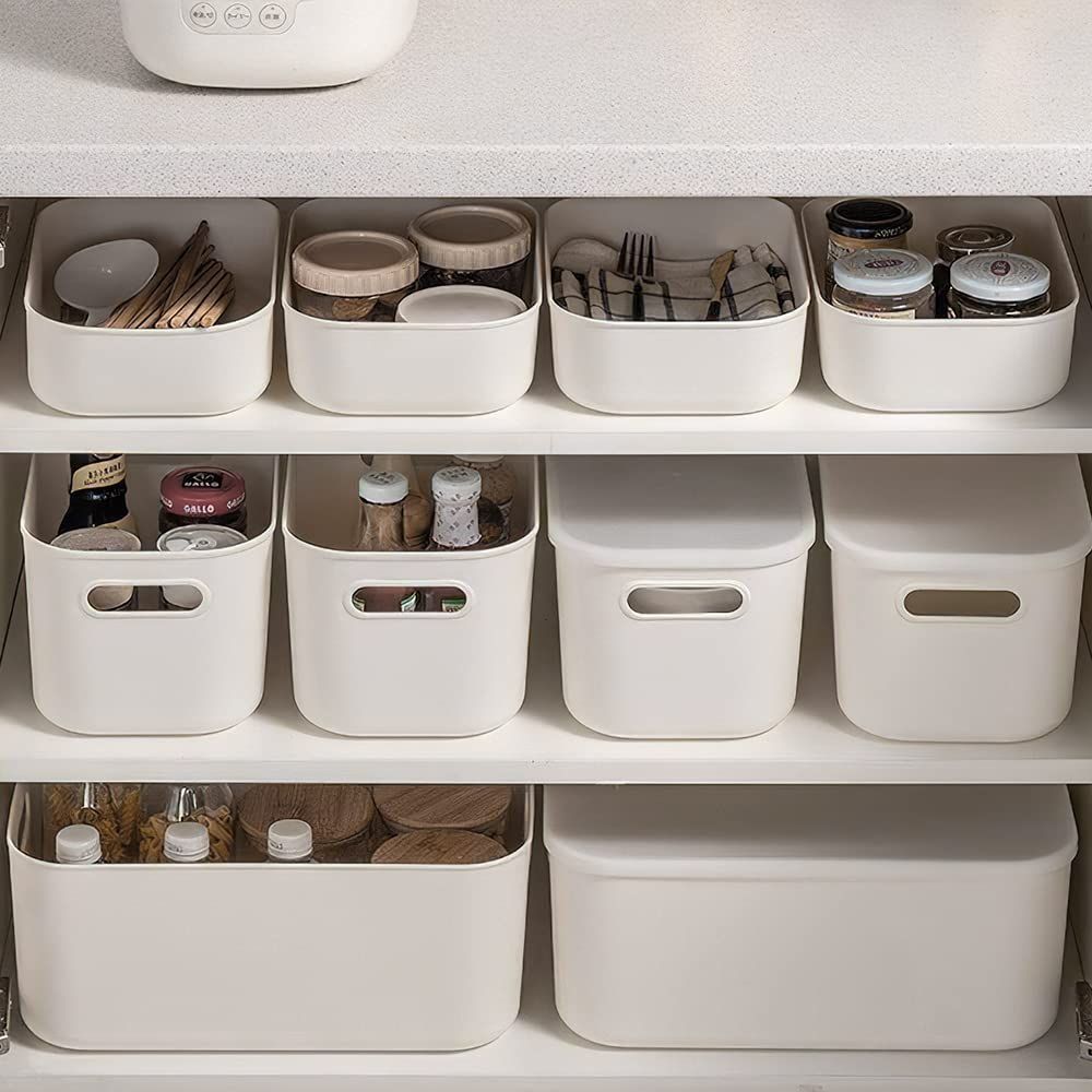 収納ケース ポリプロピレン プラスチック 小物入れバスケット ふた付き 文房具・衣類収納 収納ボックス キッチンシンク下収納かご SML・3サイズ 6個セット ホワイト