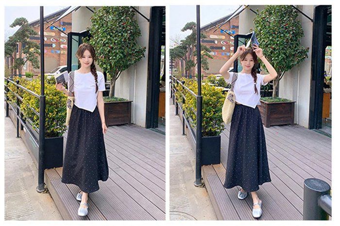 ロングスカート　夏ドット柄可愛いデート普段着涼しげスリット付き レディース 春 夏 水玉 ロングスカート ロング丈 ブラック