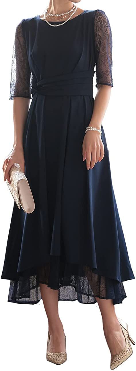 アウニイ パーティ ワンピース ドレス レディース ウエスト モチーフ ベルト 結婚式およばれワンピース パーティードレス お呼ばれ 320141 ネイビー M