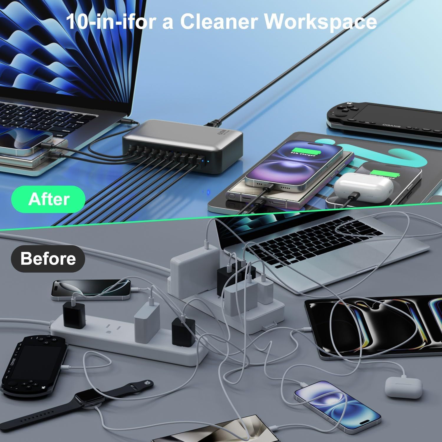 620W 10ポート USB-C充電器ステーション、PD3.0&QC3.0高速充電、540W出力、安全で信頼性のある充電を実現するインテリジェントIC制御、複数のUSB-A、USB-C、ライトニングポート - オフィス、寝室、
