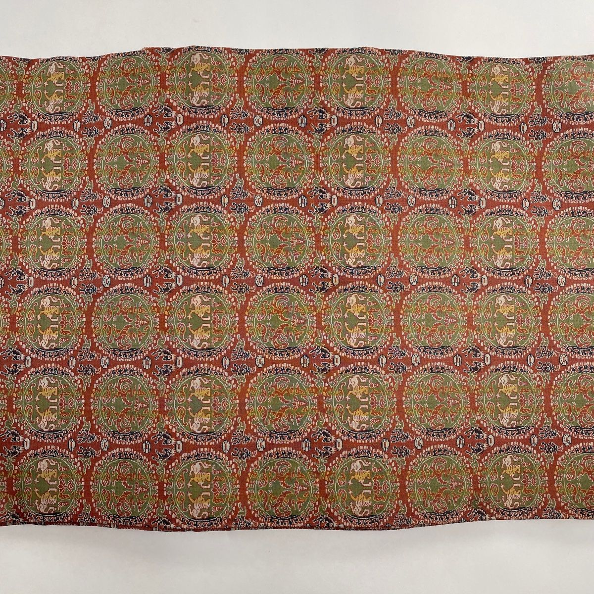 開き名古屋帯 名品 龍村美術織物 円文白虎朱雀錦 赤茶 正絹 【中古