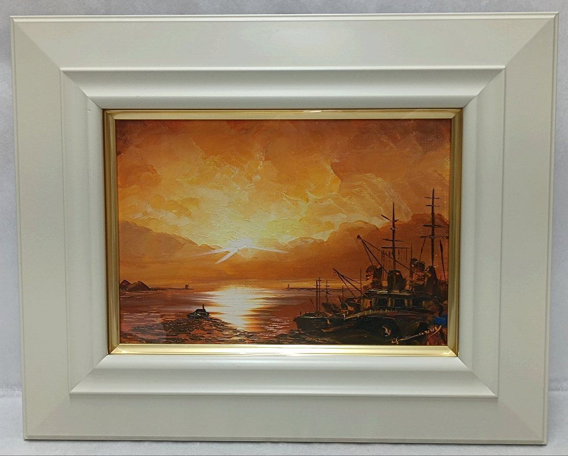額装／ニチガク 油絵 直筆「夕暮れの漁港」サインあり
