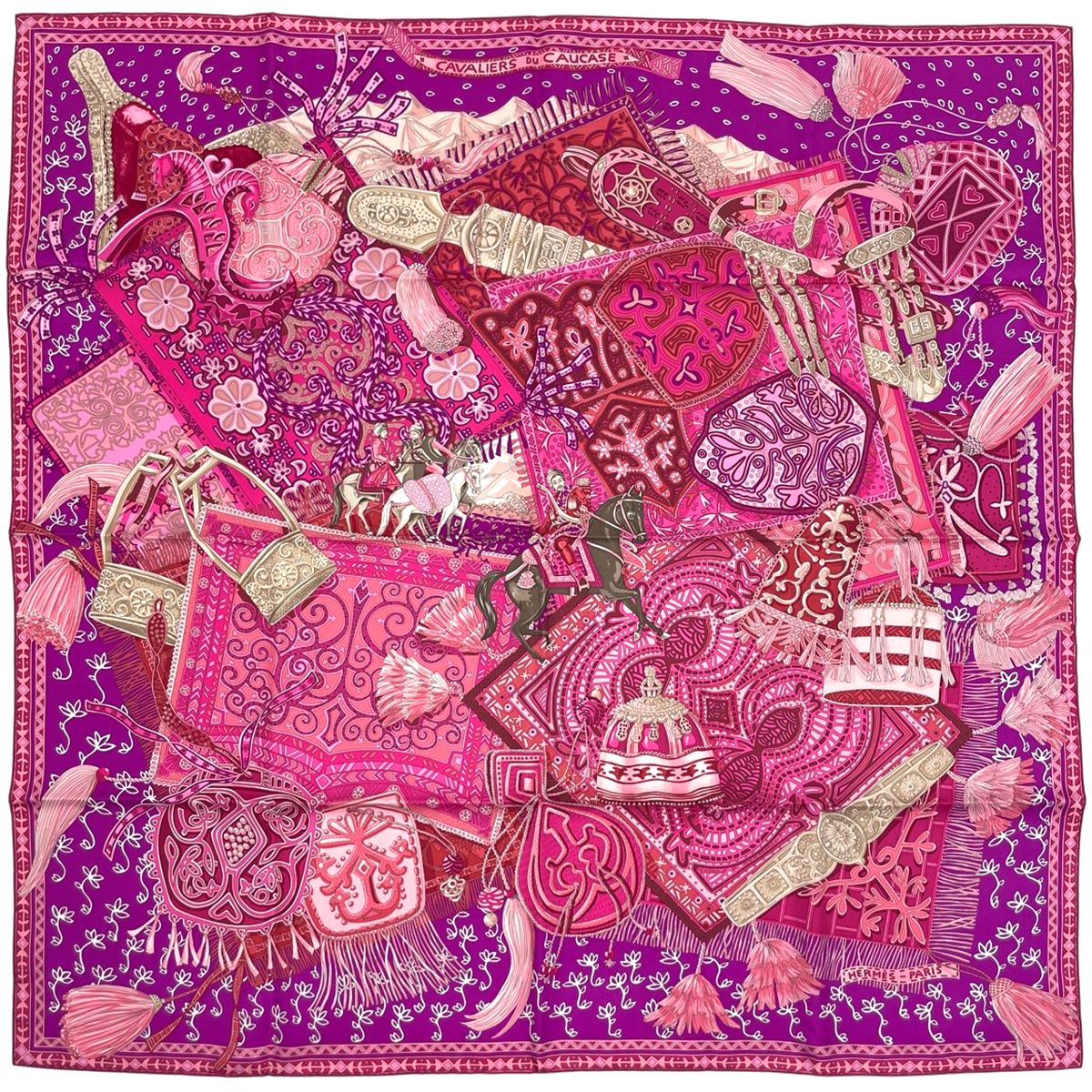 エルメス HERMES カレ90 Cavaliers du Caucase コーカサスの騎士 スカーフ シルク パープル マルチ レディース