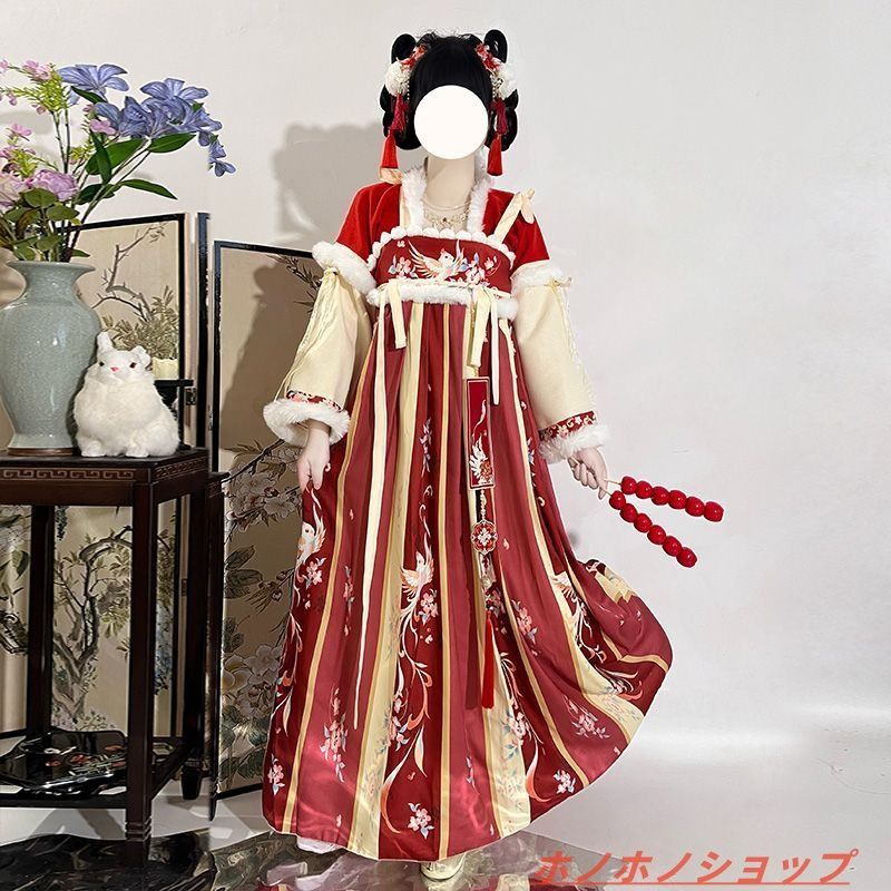 瑞雪 漢服 齊胸襦裙 冬用 拜年服 加厚ウール素材 秋冬対応 上品なデザイン レッド＆ブルーの全2色 防寒用 温かい衣装 イベント お正月向け